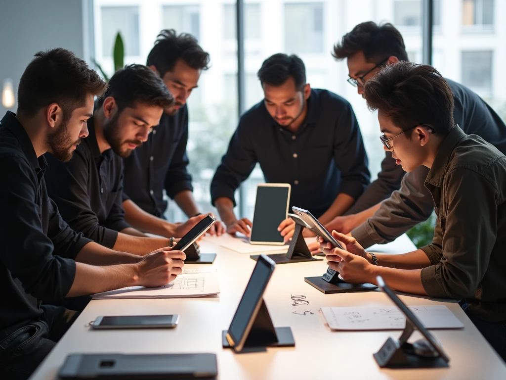 Design team working on new phone stand prototypes